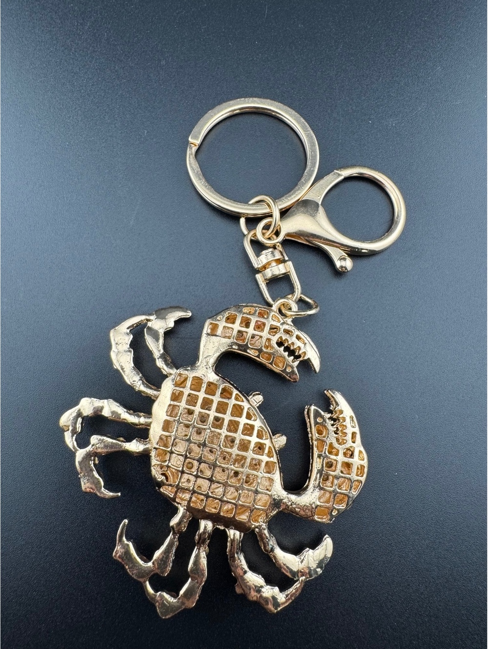 Gold Tone Pink Crystal Crab Keychain Charm - Picture 3 of 4